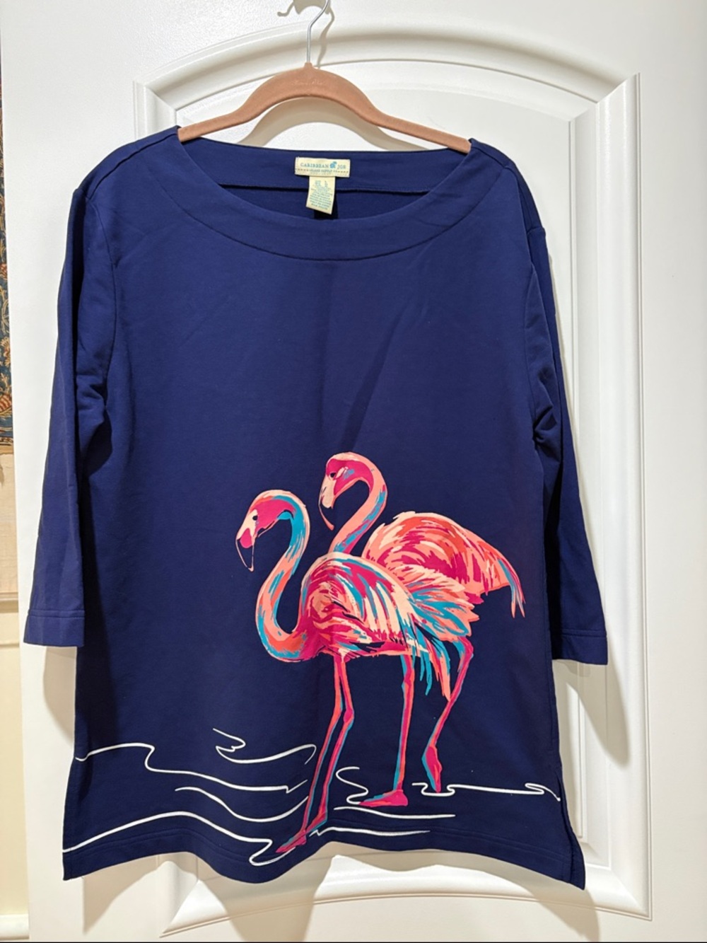 Caribbean Joe Navy Top with Pink & Teal Flamingo Print